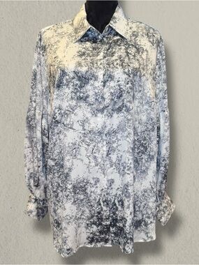 Vince Camuto 1X Shimmer Blouse Button Front Abstract Print Long Sleeve Top NWT